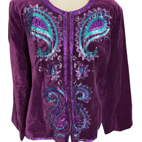 DG2 by Diane Gilman Purple Embellished Velvet Jacket Hook eye Closure NWT Large - Picture 2 of 6